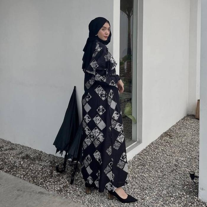 (COD) BATIK TRUSMI DRESS BATIK WANITA GAMIS BATIK MEGA MENDUNG KOMBINASI MODEL CAPE KATUN MUSLIM