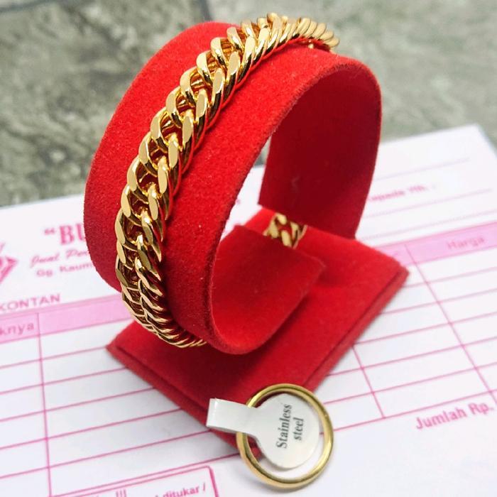 [Gratis Cincin] Gelang Rantai Titanium Stainless Kuning Emas Perempuan Laki-laki Harian Pelapisan