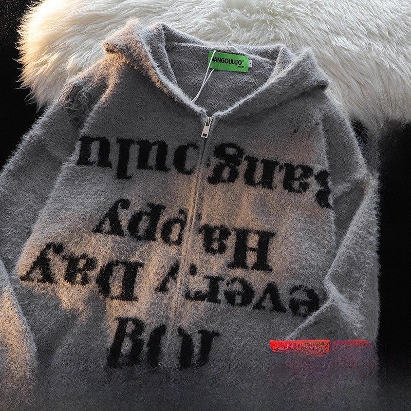 Men's American Retro High Street Hooded Knitwear Mink Fur Sweater Jacket Loose Versatile Korean