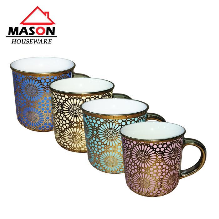 MASON MUG KERAMIK / MUG KOPI / MUG TEH / MUG KERAMIK TEBAL / CANGKIR KERAMIK MOTIF BATIK BUNGA GOLD