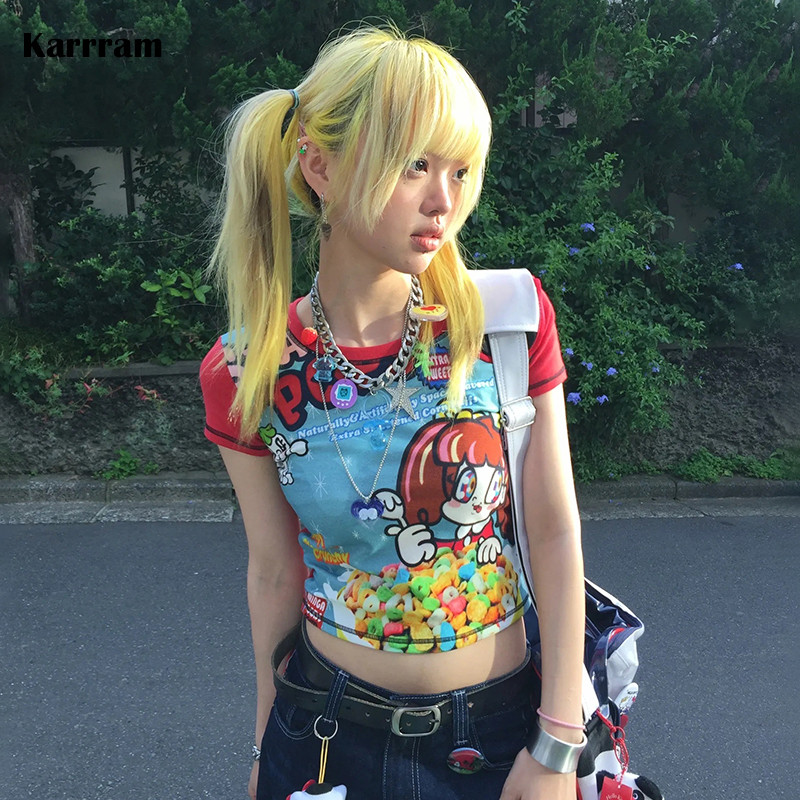 Karrram Japanese Y2K Anime Print T-Shirt 2000S Aesthetics Sleeve T Shirt Vintage Harajuku Cutecore