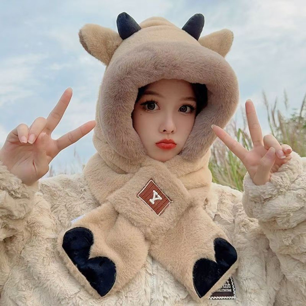 New High Quality Thickened Hat Scarf Gloves Set Winter Warm Ram'S Horn Women Beanies Cap Cute Rabbit
