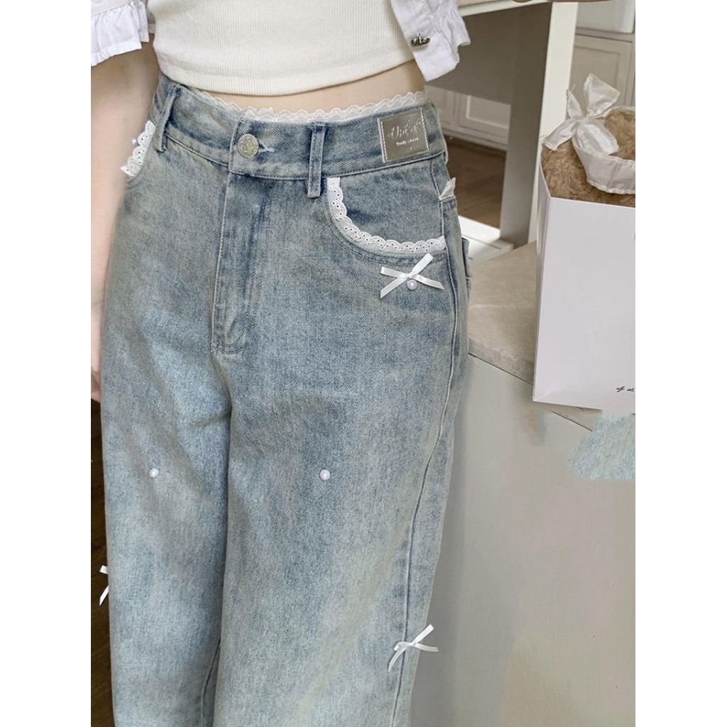 Sweet Bow Y2k Japanese Preppy Straight Jeans Women High Waist Denim Pants Wide Leg Chic Lace
