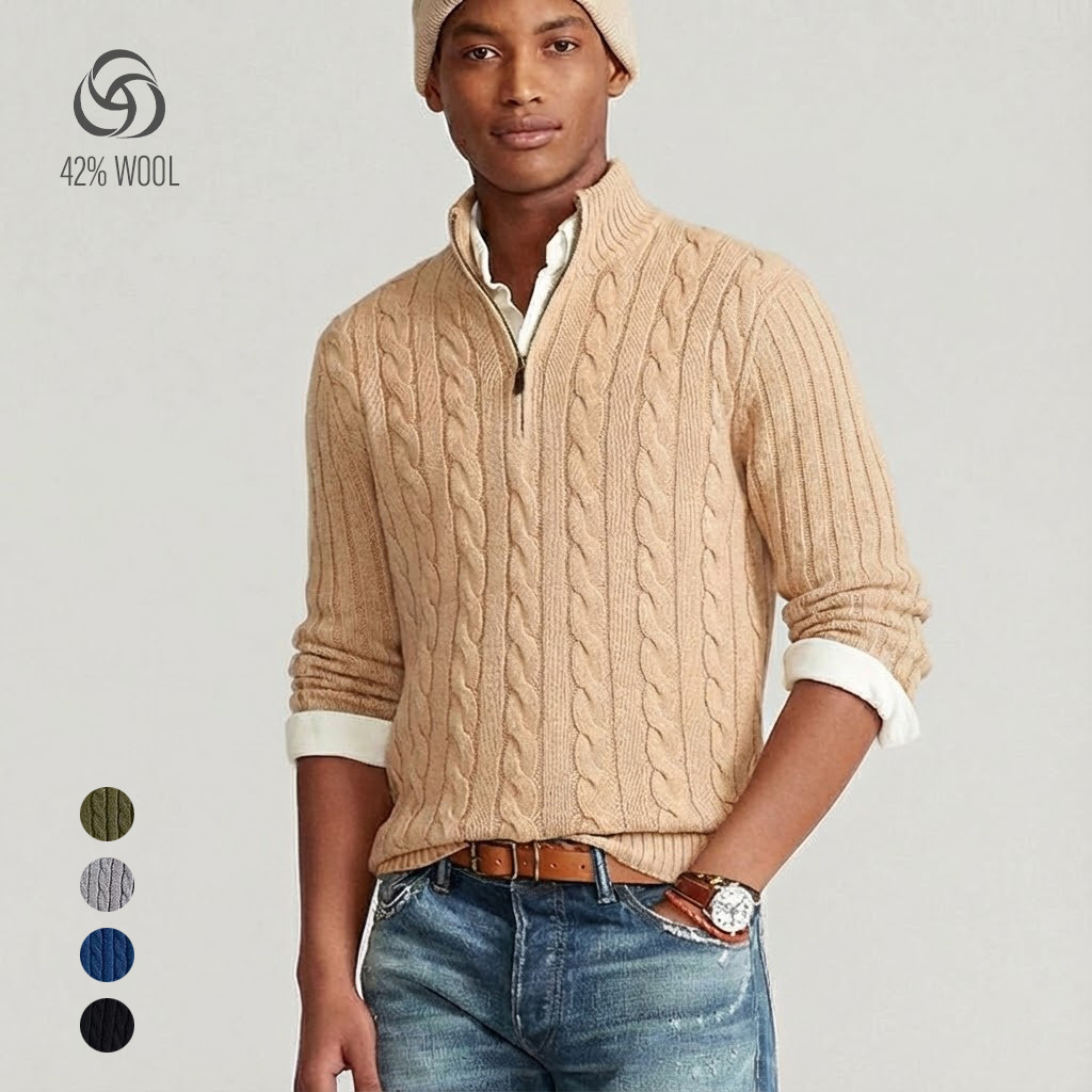 Men's 42% Wool Blend Half Zip Sweater - Cable Knit Pullover with Ribbed Sleeves - Warm Mock Neck 1/4