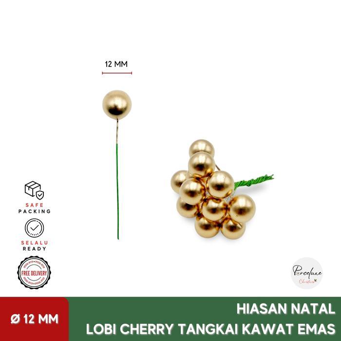 IS DIY Hiasan Dekorasi Natal Lobi Cherry Bulat Emas 12 mm Tangkai Kawat Pohon Putik Bunga Artificial