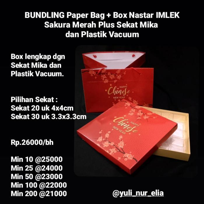 klpu- Bundling Paper Bag + Box Nastar Imlek Sakura Merah Plus Sekat Mika