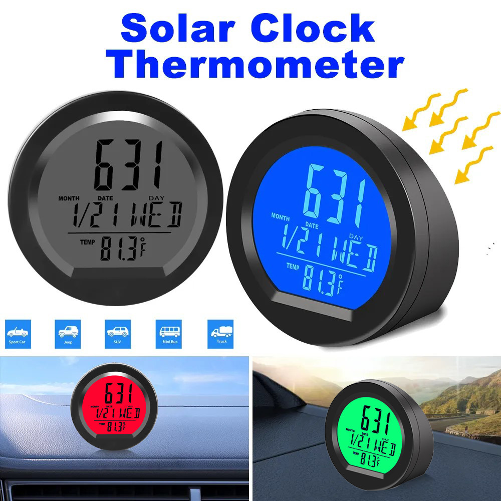 Solar Car Digital Clock Date Week Thermometer LCD Luminous Display for Dashboard Car Clock