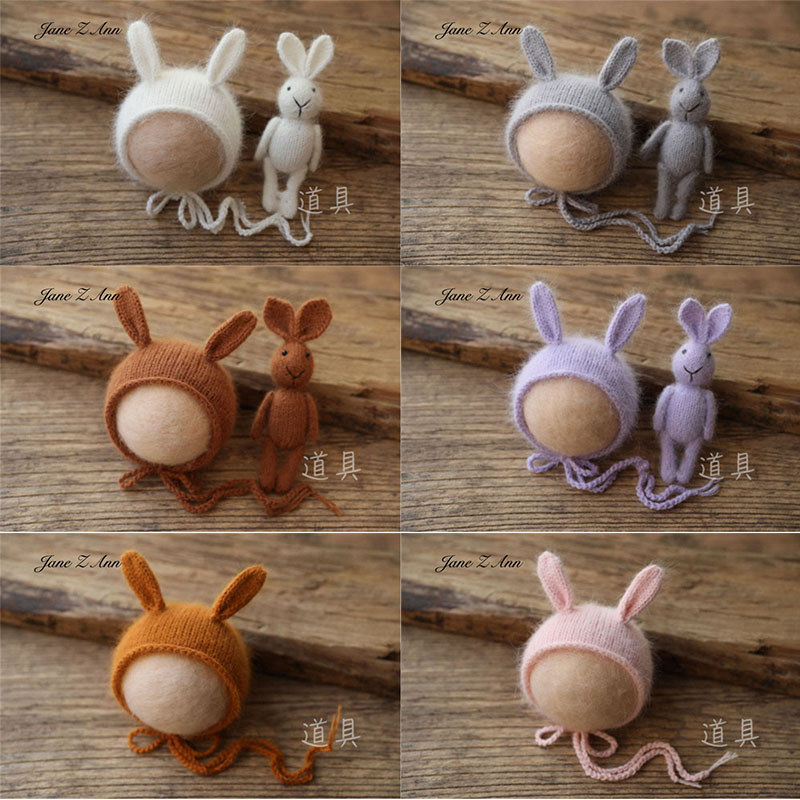 Handmade Mink velvet bunny hat doll wool knitted animal small ears newborn photography props