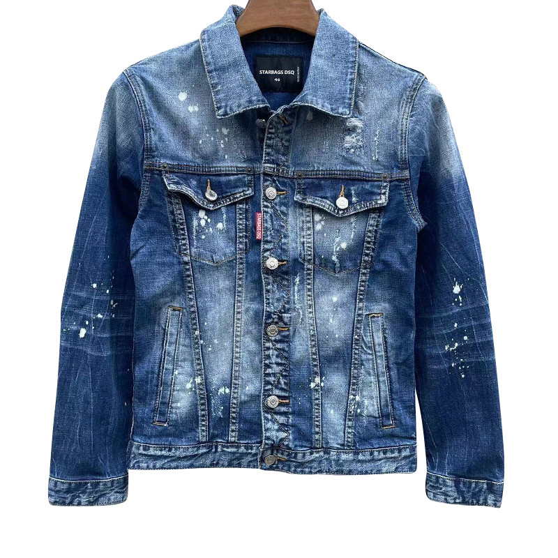 Men'S Denim Jacket Starbags Dsq1902 Punk Hole Torn Paint Splashed