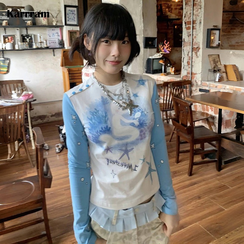 Karrram Japanese Y2k Anime Print T-shirt Vintage 2000s Aesthetics Patchwork Top Fairycore Blue Long
