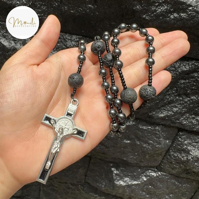 Promo Rosario Batu Hematite Dan Lava Stone Dengan Salib Benedict Hitam Original