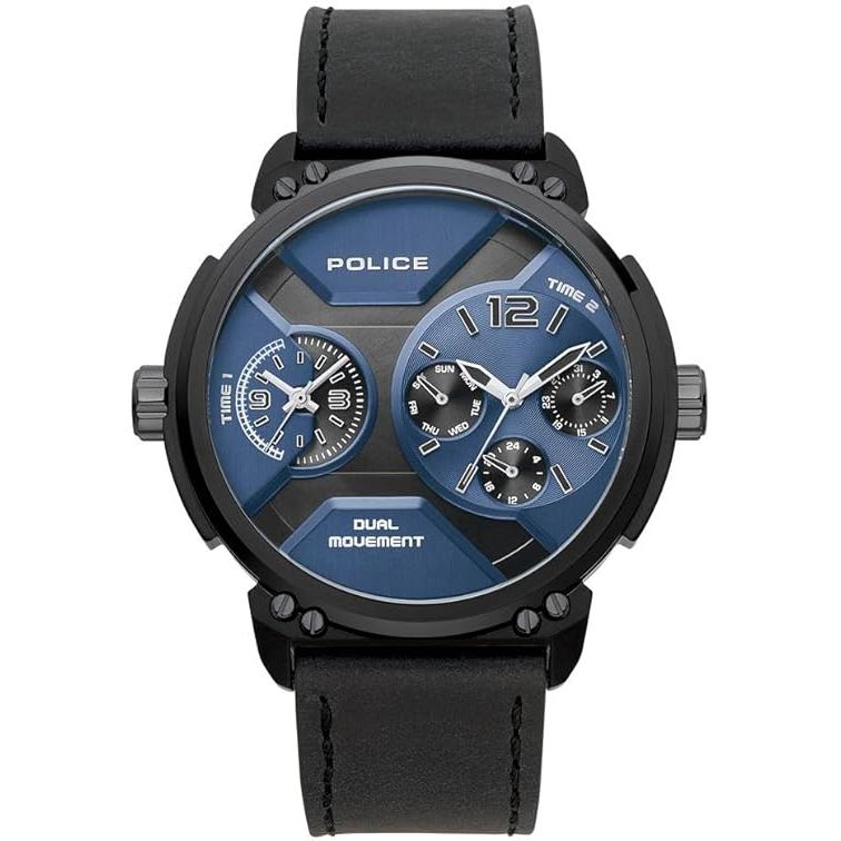 Jam Tangan Pria Police Horloge Dual Time Blue Dial Black Leather Strap PL.15725JSB/03 Original