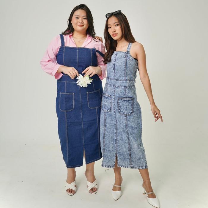Sys Clothier Lucya Midi Overall Wanita Normal dan Jumbo Overall Panjang Dress Denim Jeans Wanita