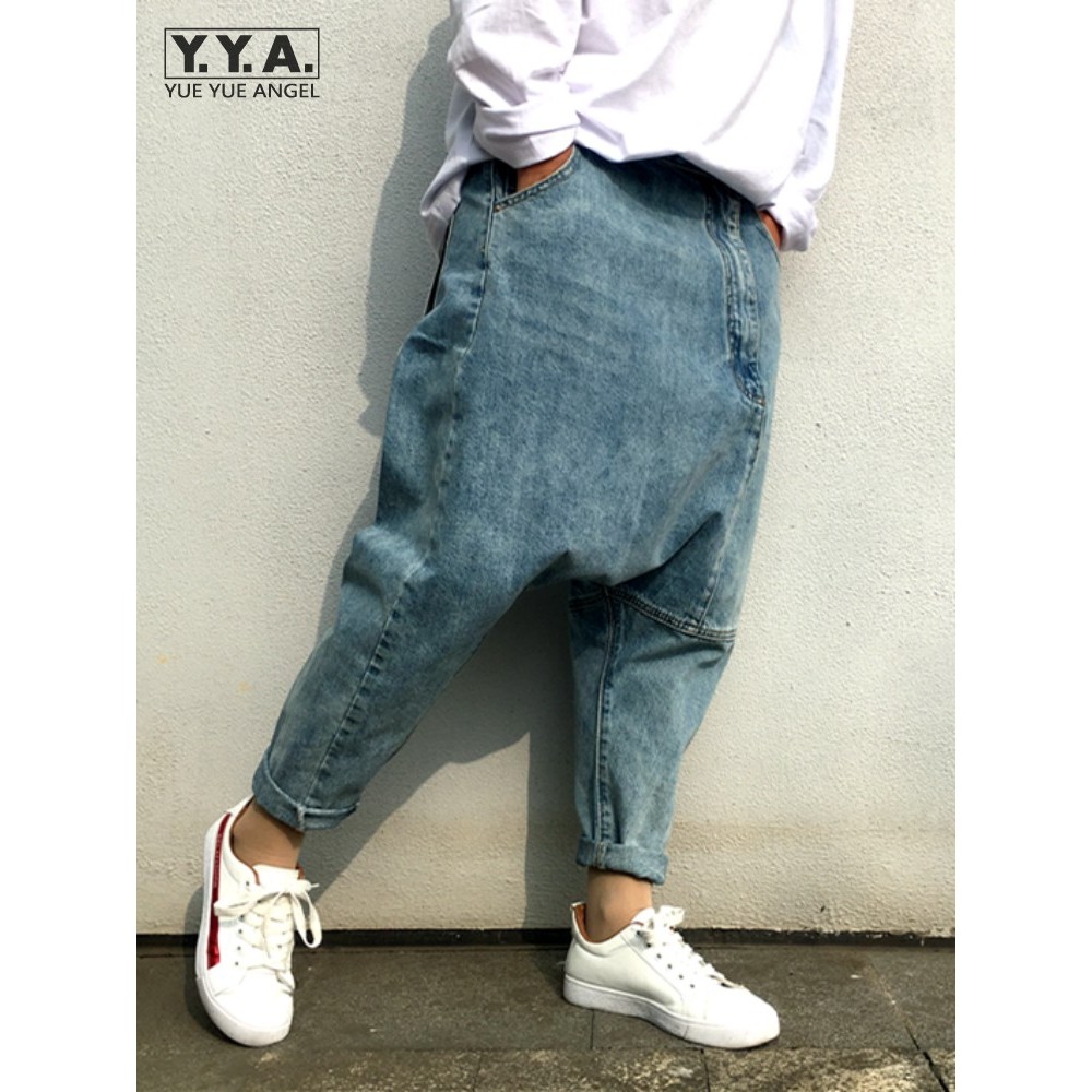 Hip Hop Denim Harem Pants Men Button Fly Personality Loose Fit Streetwear Drop Crotch Casual Pants