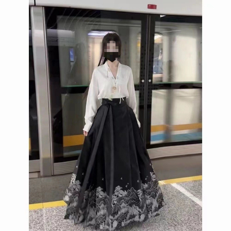 Set Baju Hanfu Wanita Modern, Kemeja Polos & Rok Mian, Bahan Katun Polyester, Warna Putih & Hitam, U