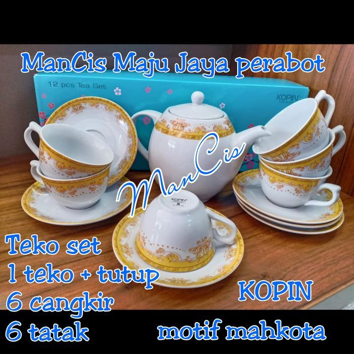 Teko Set Cangkir Kopi Teh Motif Mahkota Kopin Keramik Porcelain(Gojek)