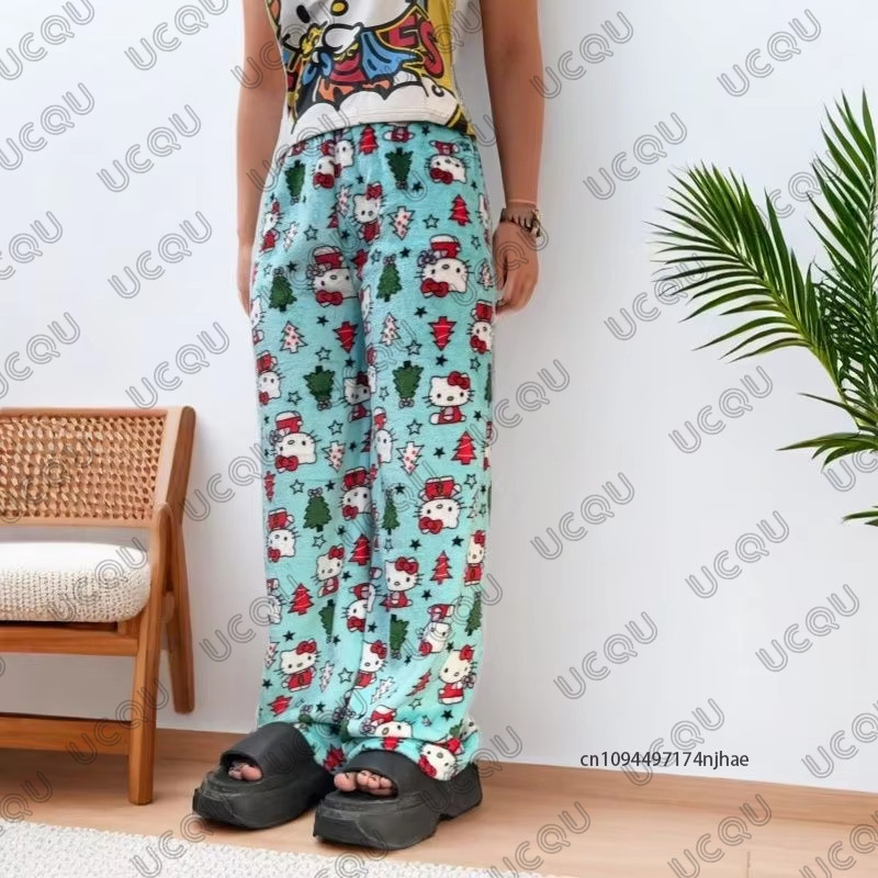 Autumn Winter Cartoon Y2K Anime Print Flannel Pajamas Pants For Women Couple Sleepwear Trousers