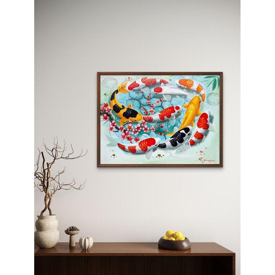 Lukisan Koi 9 Ekor 60x80 - Lukisan Kanvas Ikan Koi untuk Ruang Tamu & Fengshui