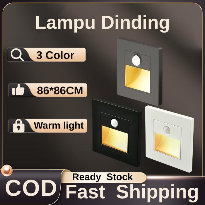 BERKUALITAS! Lampu Sensor Lampu Tangga Dinding Step LED Tanam 86X86MM Lampu Dinding Sensor Otomatis