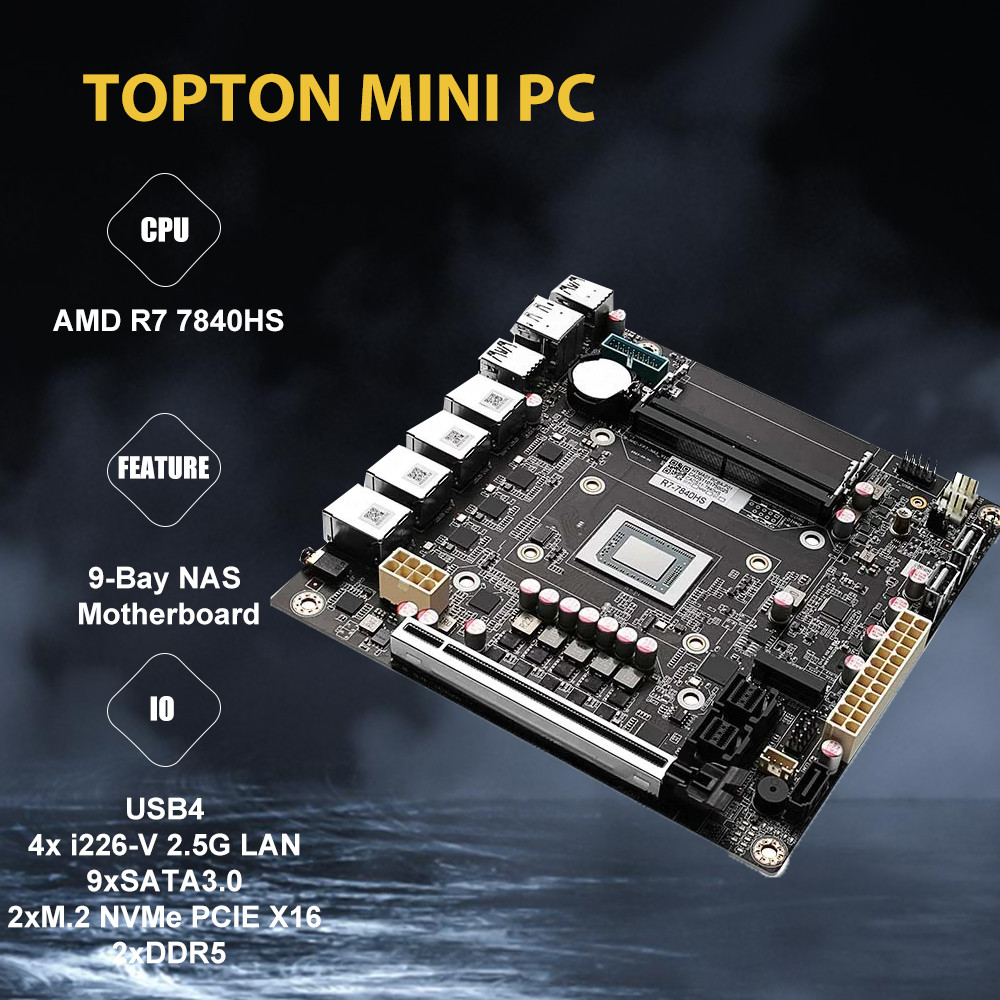 Amd Ryzen 7 7840Hs 7940Hs 9-Bay Nas Motherboard Usb4 4X I226-V 2.5G