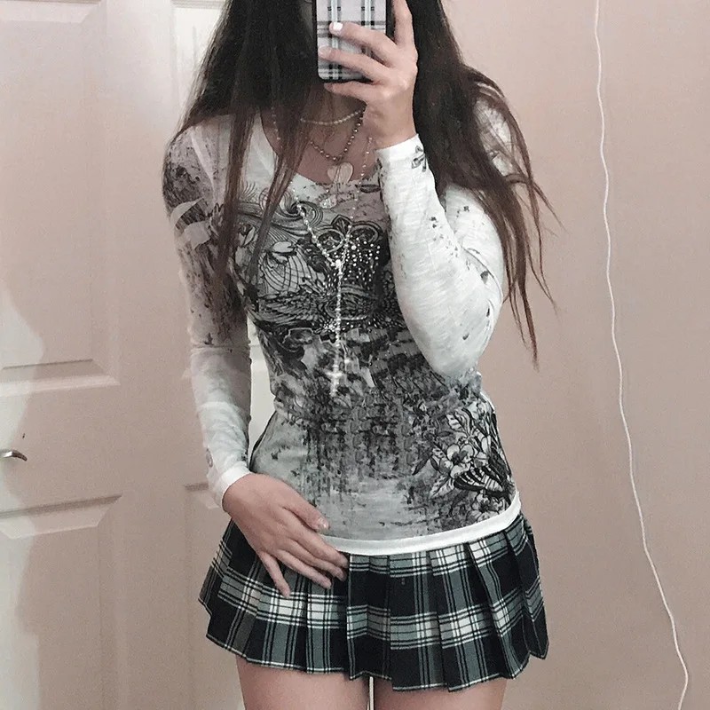 Women Long Sleeve To Gothic Graphic Print T-Shirt Spring Fall Slim Fit Tee To Casual Shirts Y2K