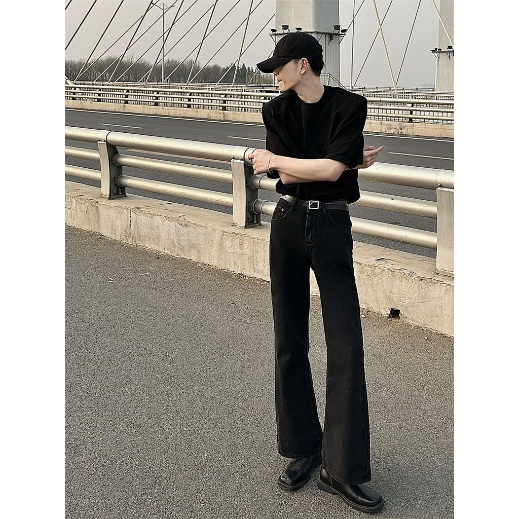 Harajuku Streetwear Washed Vintage Solid Jeans Men's Y2K Straight Baggy Full Flare Pants Unisex