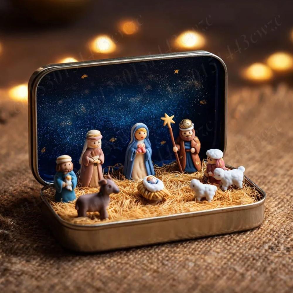 Christmas Nativity Jesus Nativity Set Portable Tin Box Handmade Christmas Scene Cabin Box Desktop
