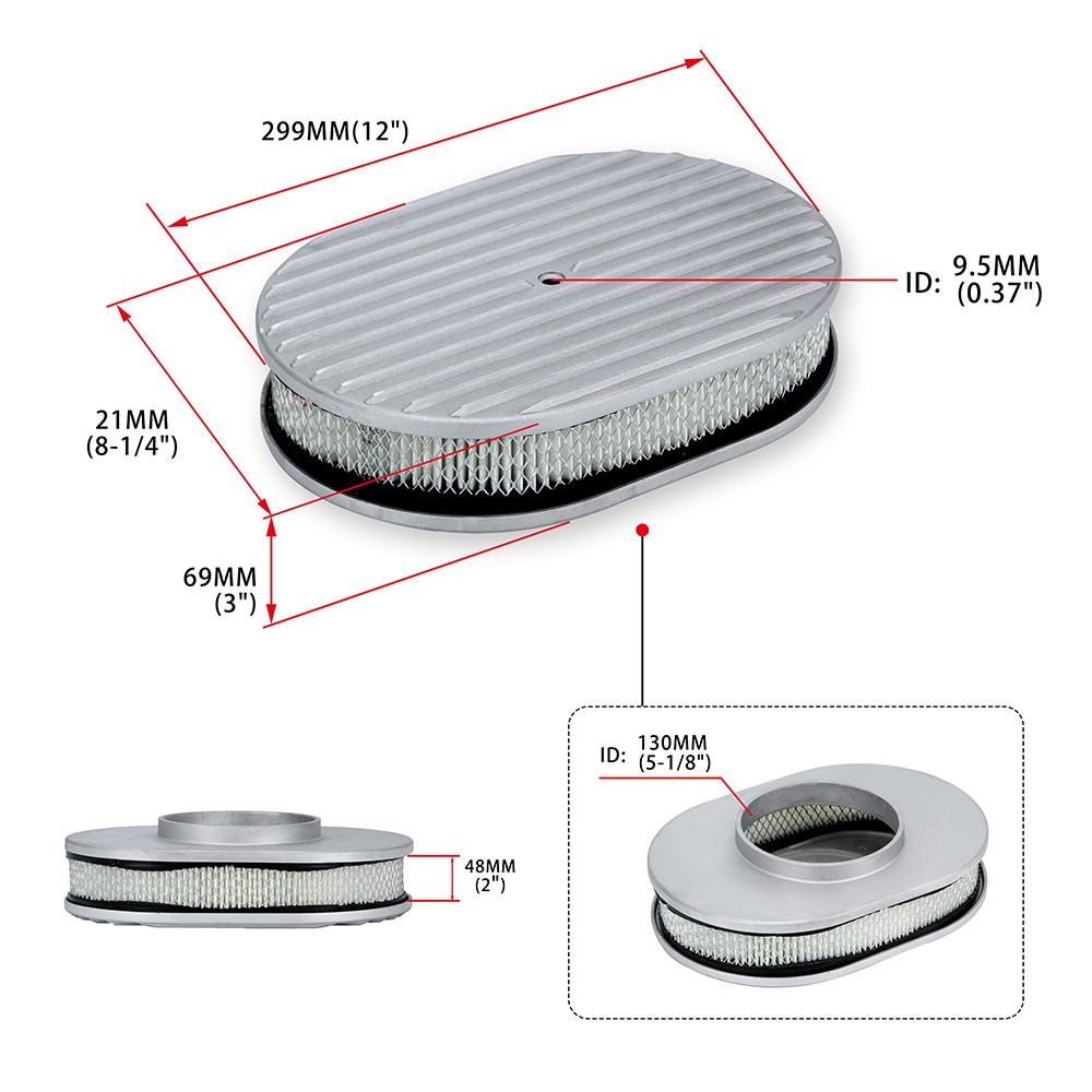 Aluminum 12"X2" Oval Classic Full Finned Air Cleaner Kit With Flat Base 5-1/8" Carb Neck For Gmc