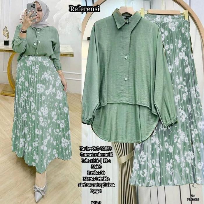 New- Set rok plisket bunga matahari rok plisket hyget atasan cringkel airflow one set rok muslimah