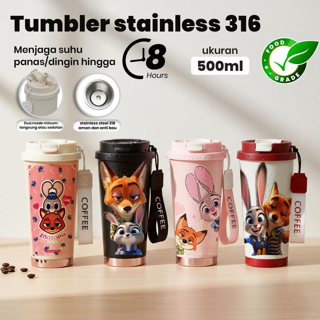 Tumbler Stainless 316 Food Grade 500ml Botol Minum Karakter Anak Karakter Kartun Tahan Panas Dingin 