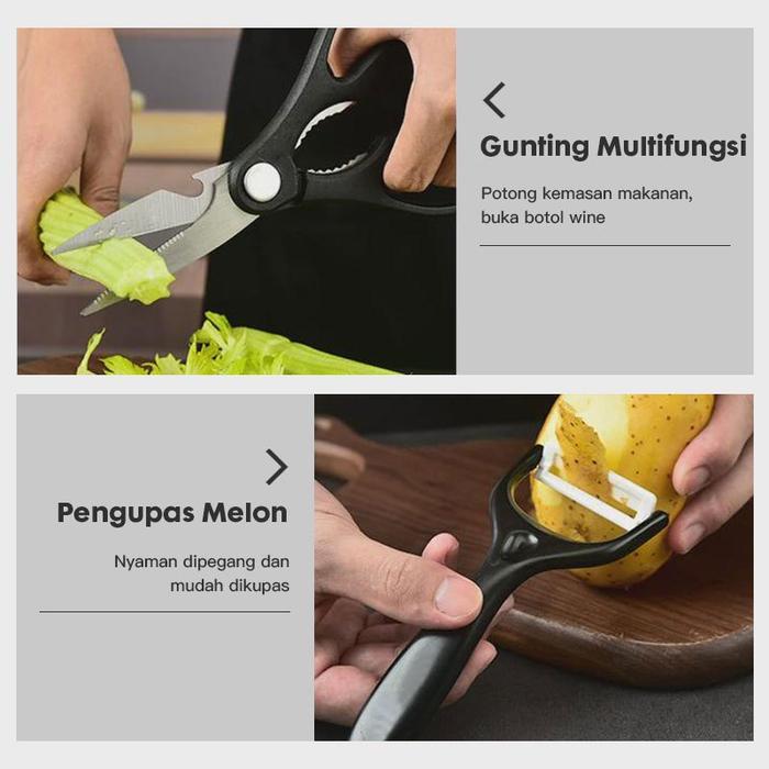 nrd Bilikot Pisau Baja Dapur Hitam Set 6in1 High Quality Stainless Steel Multifungsi Alat Koki Knife