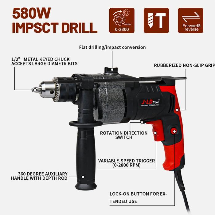 g5ro- Jld Mesin Bor Impact Drill 13-2 Bor Listrik 13Mm 2 Mode Bor/Impact Motor Tembaga 580W