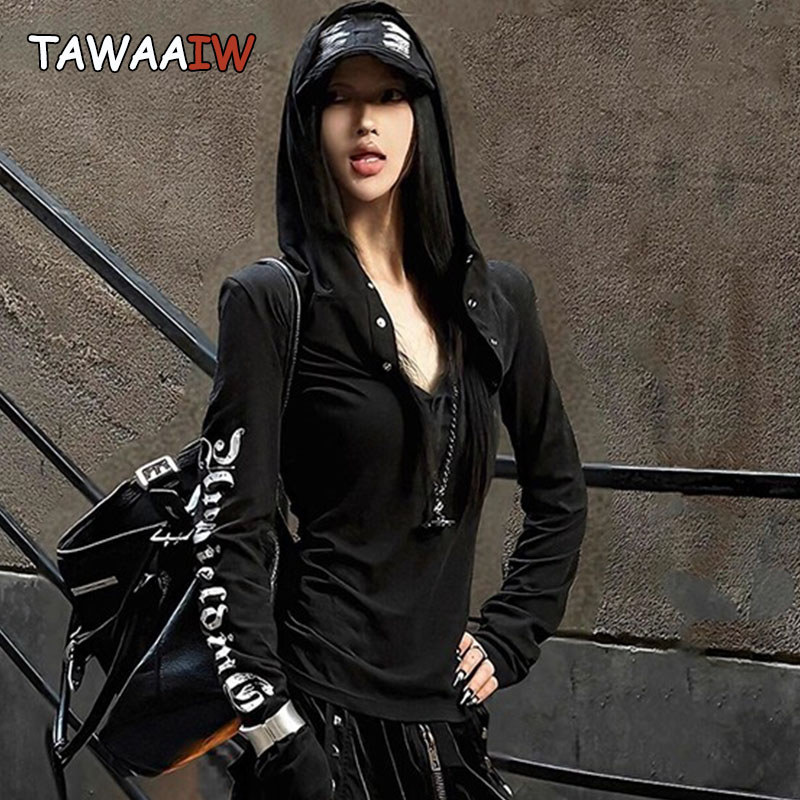 Tawaaiw Hooded Print Women'S T-Shirt Long Sleeve Streetwear Autumn To 2000S Clothes Y2K Graphic Tee