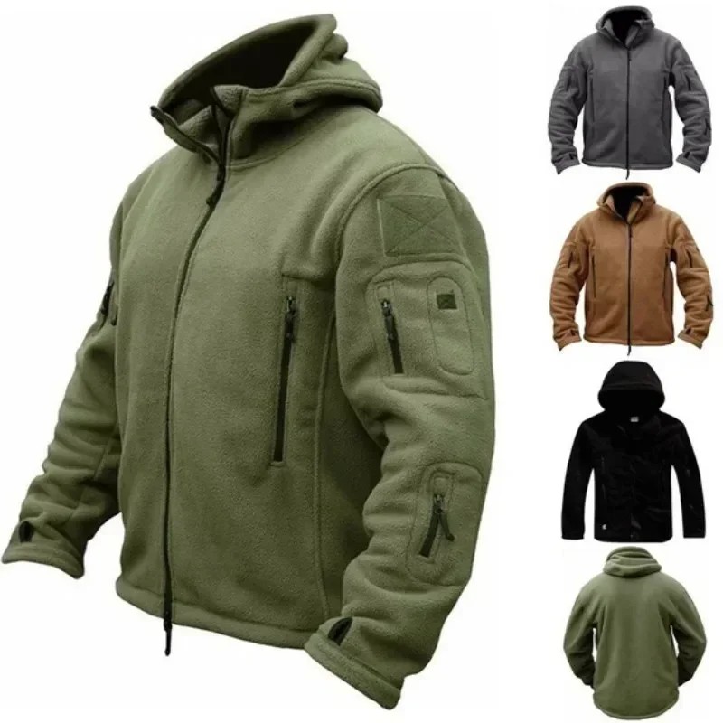 Winter Fleece Jacket Men's Military Tactical Jacket Solid Warm Fleece Coats with Hat Outdoor Sports