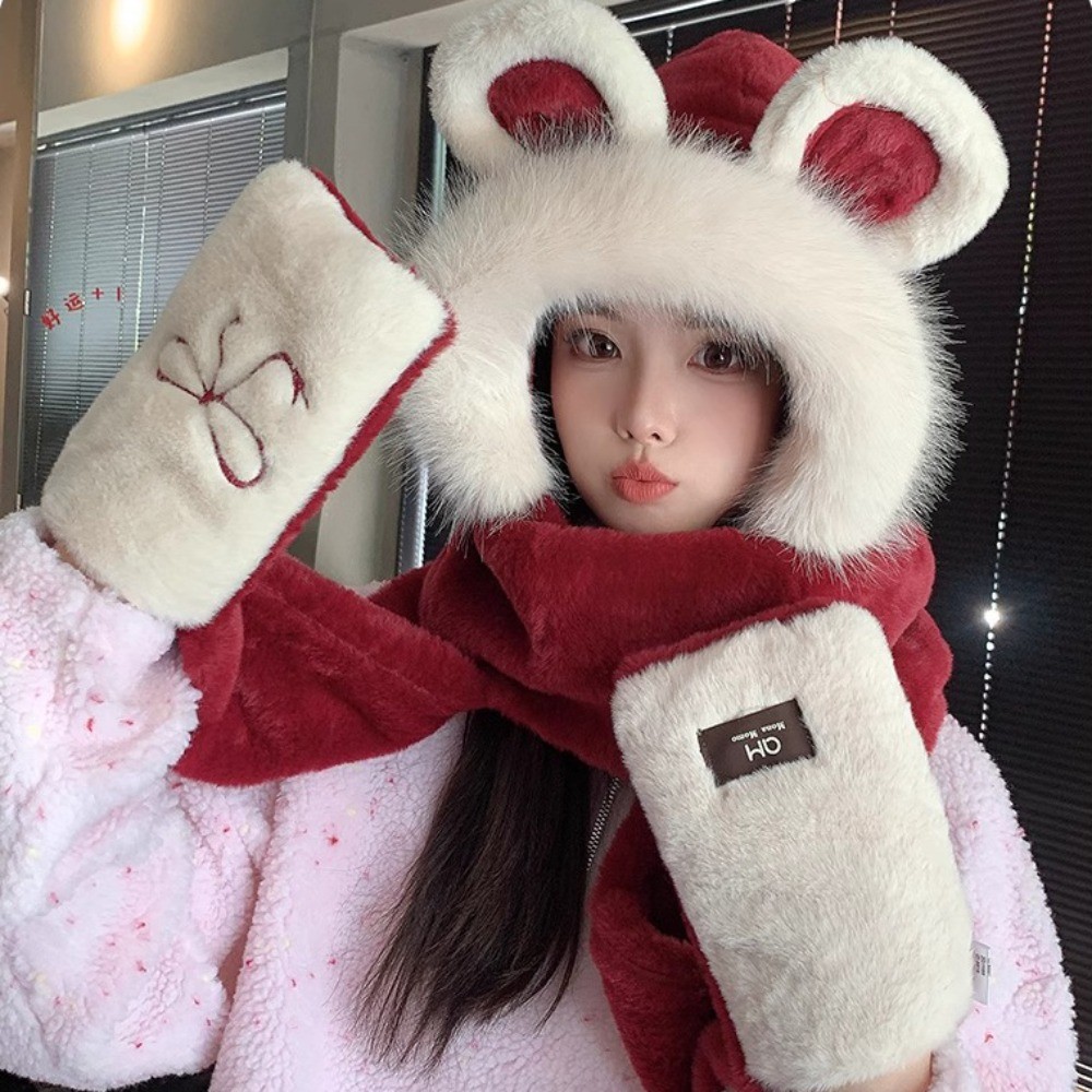 New Thickened Plush Hat Scarf Gloves Set Cute Rabbit Ear Winter Warm Ear Protection Cap Ram'S Horn