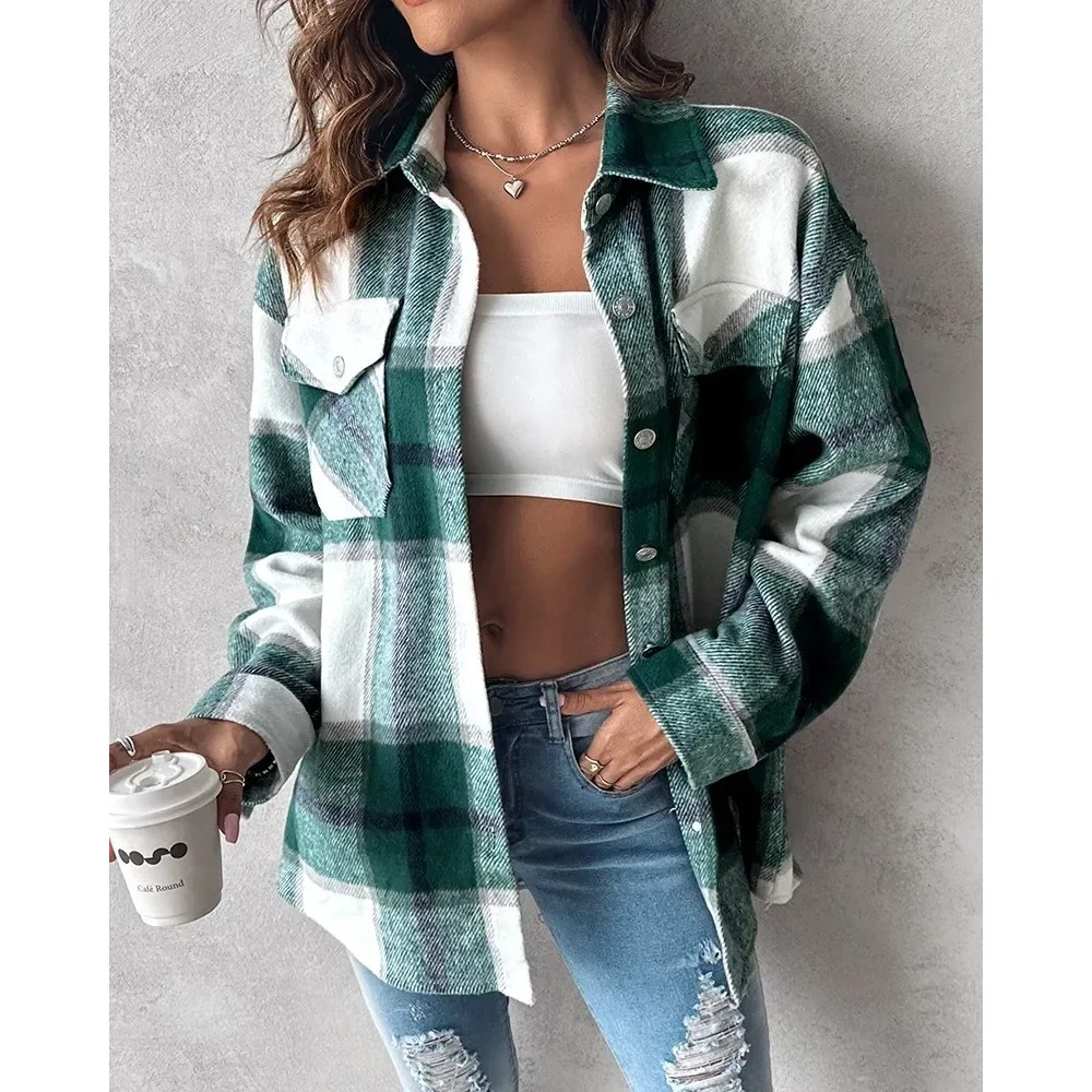 Shirt Jacket Women'S Plaid Pattern Pocket Design Shacket Checkered Winter Plaid Jacket Overshirt