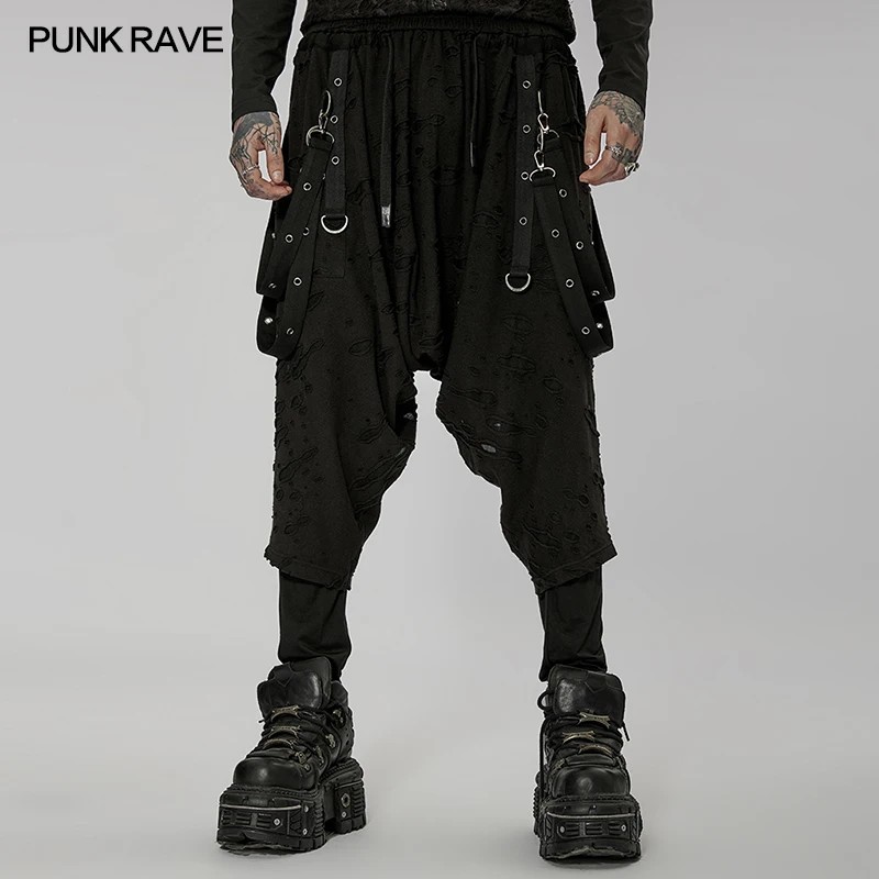 PUNK RAVE Men's Dark Elastic Waist Loose Holes Crotch Pants Punk Fashion Free Casual Black Trousers