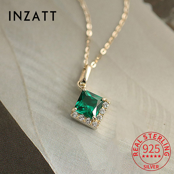 INZATT Luxury 925 Sterling Silver 14K Gold-plated Square Emerald Zircon Pendant Choker Necklace For