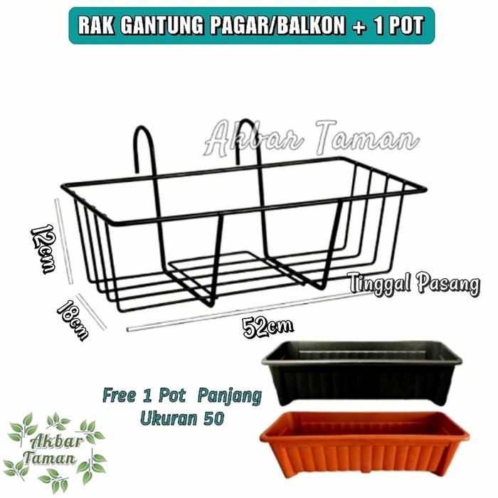 NEWs Rak Gantung Besi Untuk Pagar/Balkon + Free Pot Panjang Ukuran 50