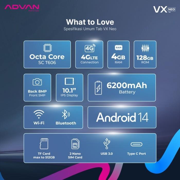akseso- Tablet Advan Vx Neo 4/128 Ram 4Gb Internal 128Gb Tab Tablet 10.1 Inch 10.1" Garansi