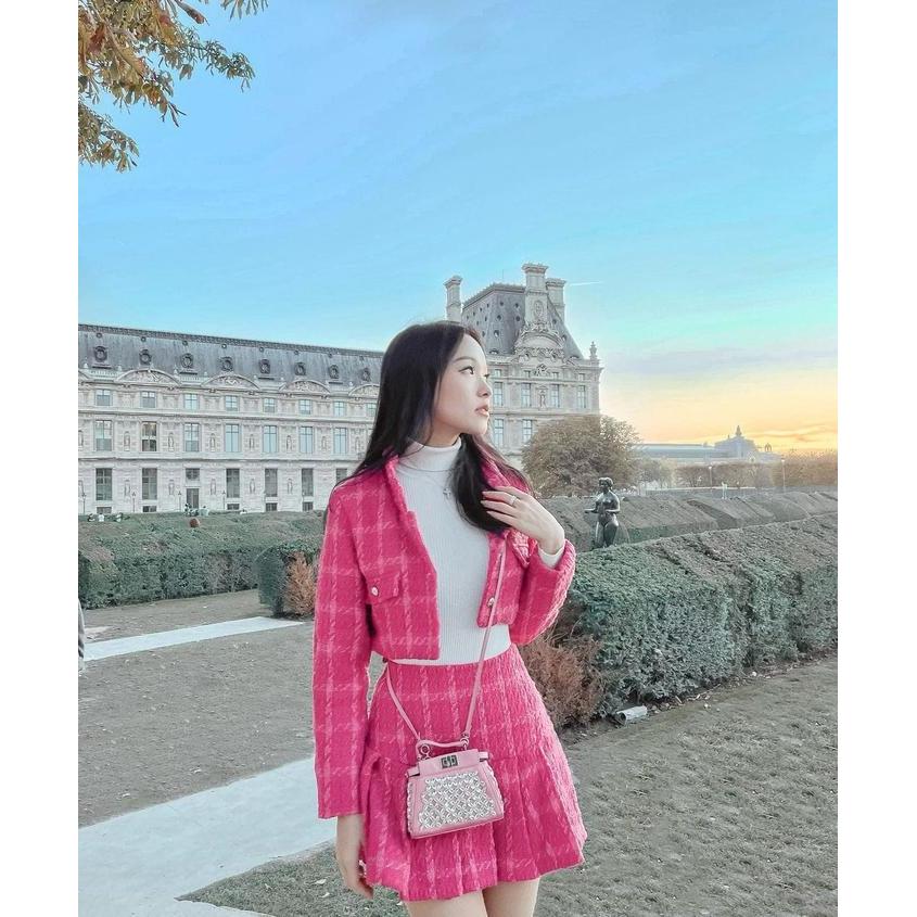 HANA PINK TWEED SET CROP TOP LONG SLEEVE + MINI SKORT WOMAN PREMIUM / BLAZER SET CROP TOP LENGAN