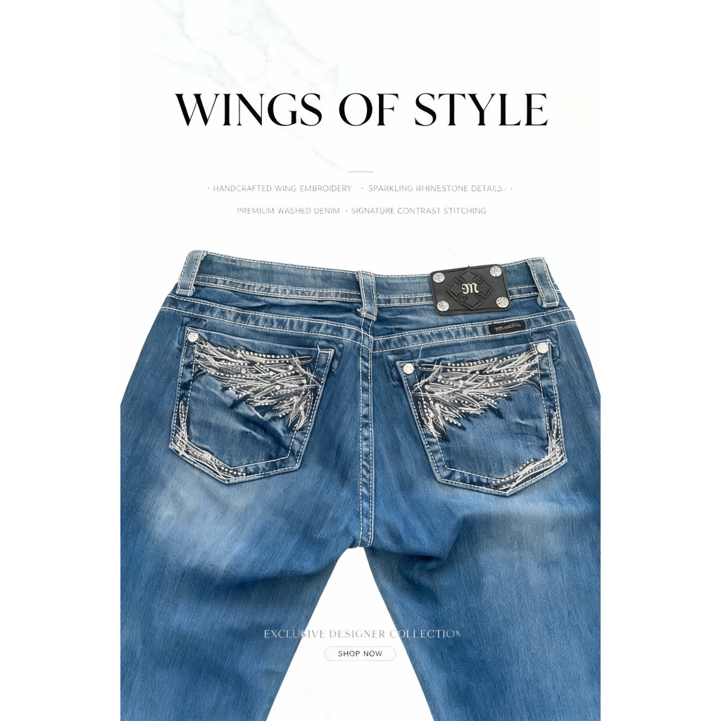 Womens Jeans Mid Rise Bootcut Denim Pants Rhinestone Wing Embellished Pockets Contrast Stitch