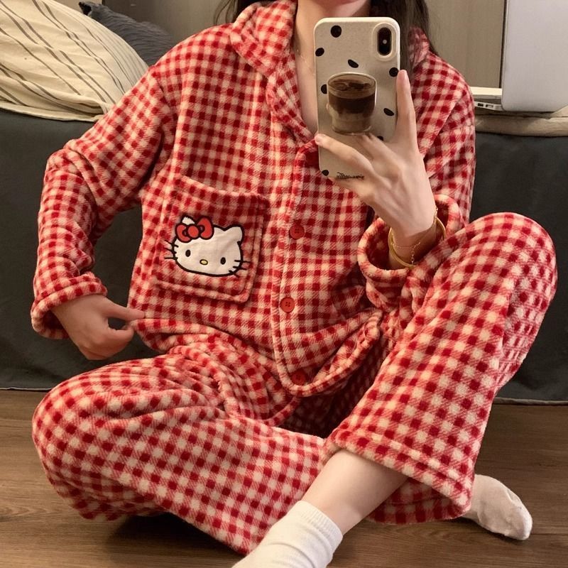 Hellokitty Pajamas Girls To Autumn And Winter Coral Veet Pajamas Red Plaid Cartoon Pants Casual Wear