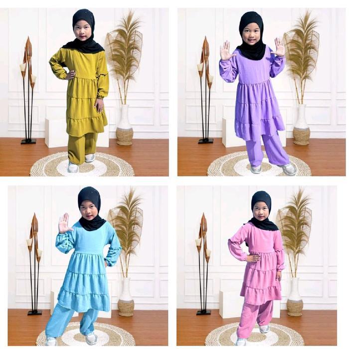 Setelan Baju Tunik Celana Panjang Polos Anak Perempuan//Setelan Muslim One Set Tunik Aurel Bahan
