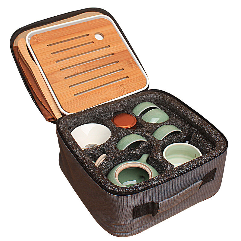 Set Peralatan Teh Keramik Portabel - Perjalanan & Outdoor - Set Poci Teh Mini, Cangkir, Tas Kain - P