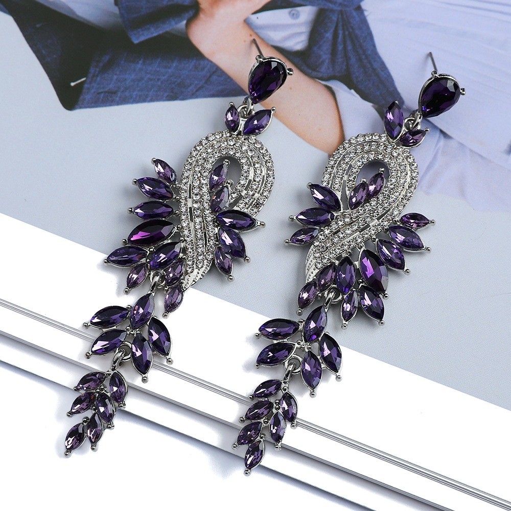 fashion leaf note colored crystal long hanging jewellery for girls earrings women retro light luxury