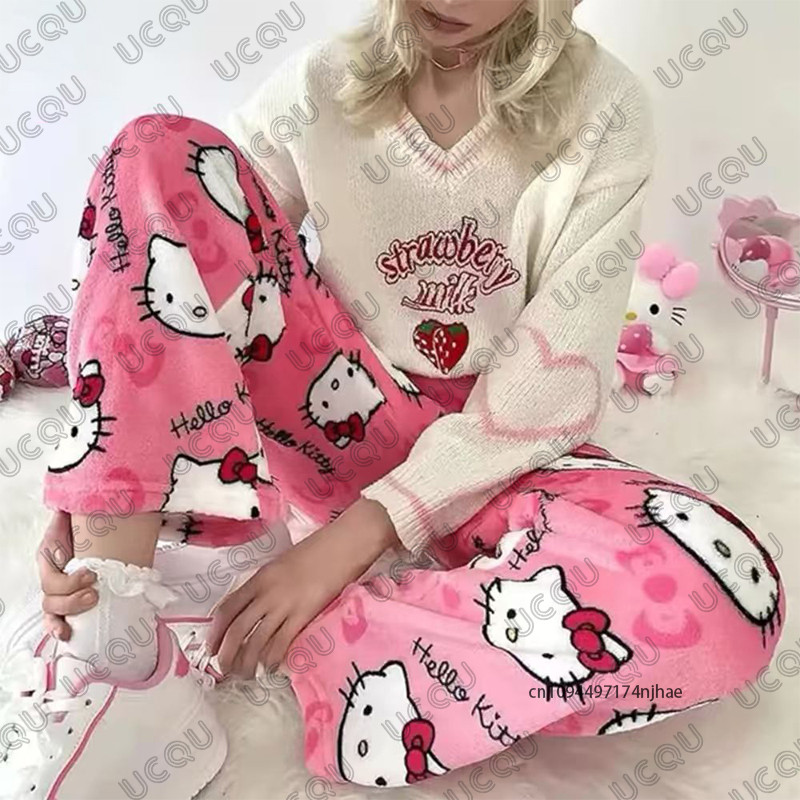 Autumn Winter Cartoon Print Flannel Pajamas Pants For Women Y2K Anime Couple Sleepwear Trousers