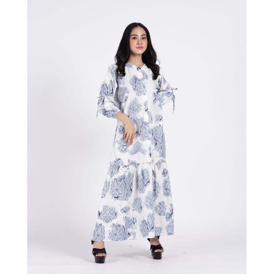(COD) BATIK TRUSMI DRESS GAMIS BATIK WANITA MOTIF MEGA MENDUNG BUMI BIRU