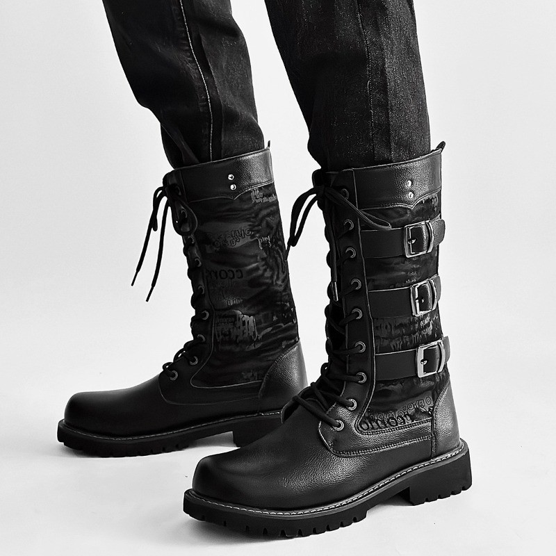 Men'S High-Top Boots Fashion Street Rock Punk Boots Motorcycle Boots For Men Lace-Up Platform Boot