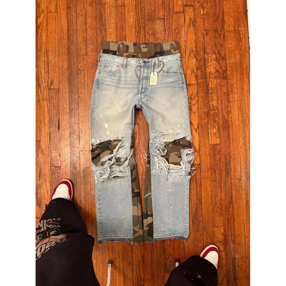 American Hip Hop Men Jeans Y2K Camouflage Patchwork Embroidery Micro Flare Retro Punk Streetwear